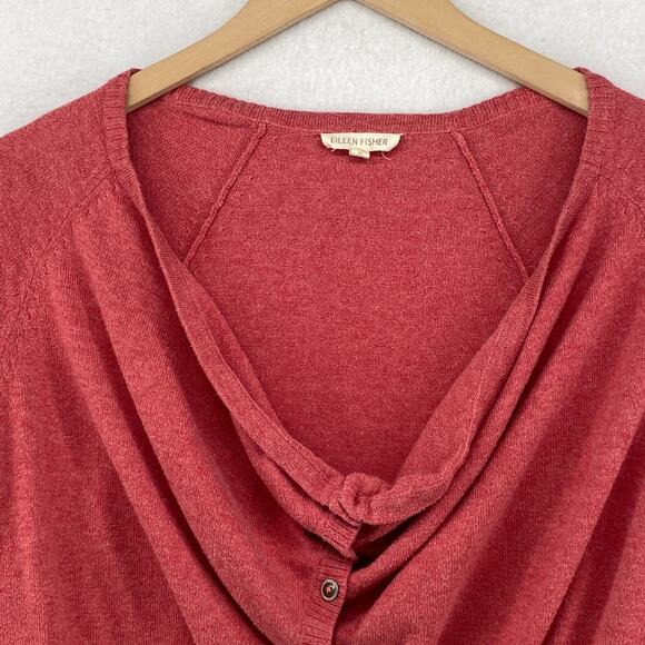 EILEEN FISHER Sweater S Organic Cotton Cardigan Draped Cowl Button Front Red - Picture 4 of 13